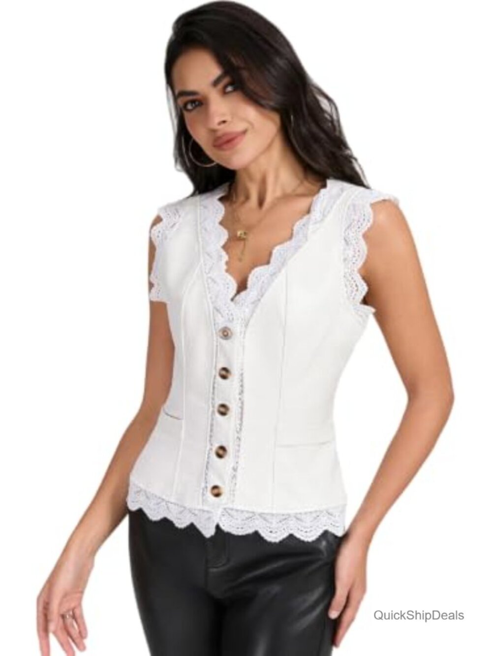 Faux Leather Lace Trim Vest Waistcoat Gothic Victorian